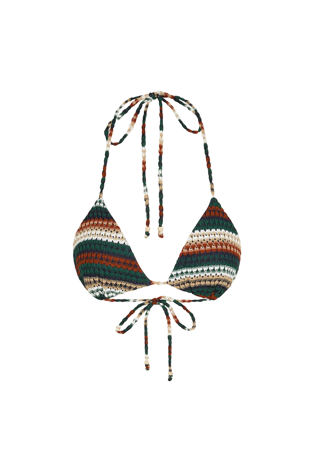 Multicolored striped bikini top on a white background